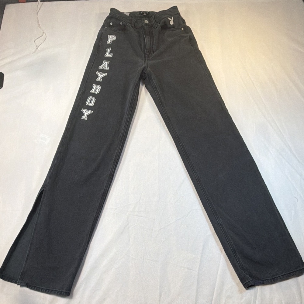 Playboy by Pacsun Black Denim Jeans Womens 23 Straight Leg Slits Vintage Logo